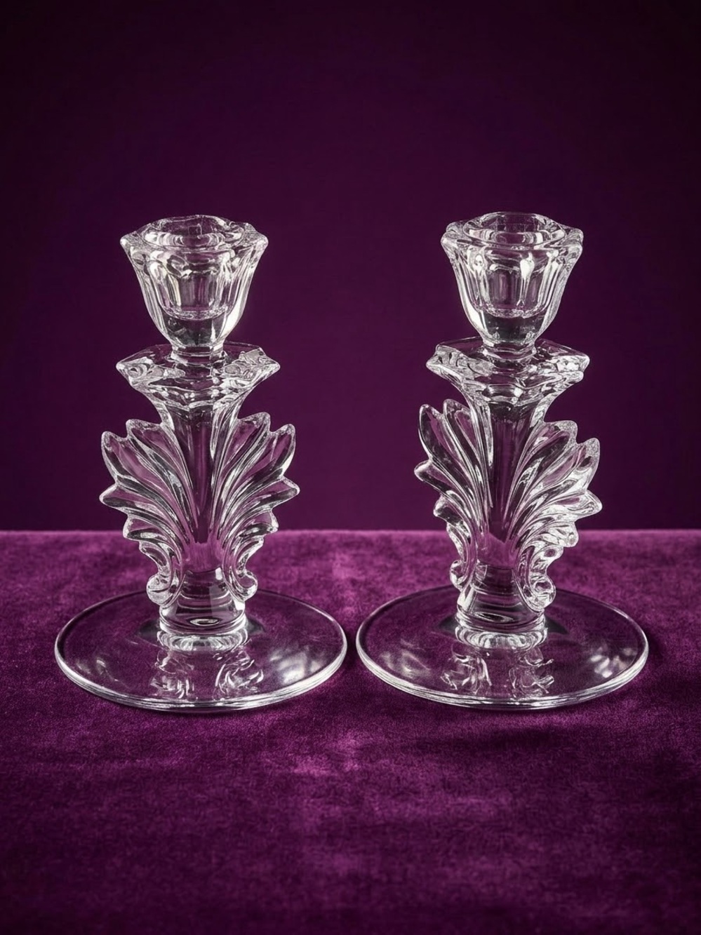 Pair of Crystal Listeria  “flame” Candlestick Holders - Clear
